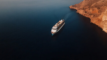 Naklejka premium Aerial view of a cruise ship sailing through a vast blue ocean. Majestic cliffs line the coast, creating a stunning contrast against the serene water.