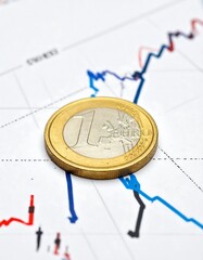 Euro coin rests on financial charts