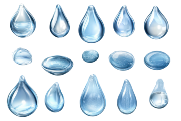 Collection of realistic small water droplets displaying various shapes and sizes for design purposes on a light background