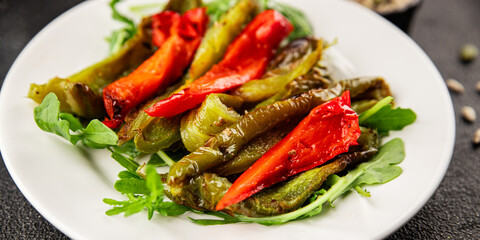 Grilled pepper salad roasted vegetables bbq meal tasty snack fresh delicious gourmet food background on the table rustic food top view copy space keto and paleo diet vegan and vegan food