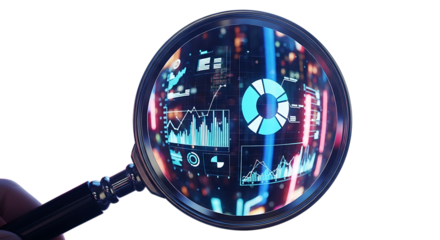 Magnifying glass, examining glowing digital data charts and graphs with bokeh lights, isolated on white or transparent background, AI