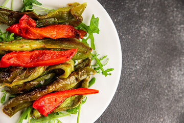 Grilled pepper salad roasted vegetables bbq meal tasty snack fresh delicious gourmet food background on the table rustic food top view copy space keto and paleo diet vegan and vegan food