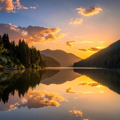 Fototapeta premium Golden sunset over a serene lake, reflecting clouds and mountains. Lush green forest borders the tranquil water