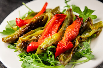 Grilled pepper salad roasted vegetables bbq meal tasty snack fresh delicious gourmet food background on the table rustic food top view copy space keto and paleo diet vegan and vegan food