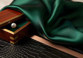 Elegant Wooden Box with Pearl and Green Satin Fabric
