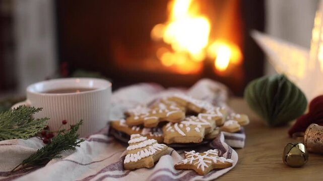 Gingerbread christmas cookies and warm cup of tea, fir branches and ornaments on table on background of burning fireplace. Cozy christmas video. Merry Christmas! 