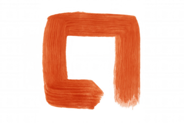 Orange abstract painterly brush stroke creating open square shape with rough texture on transparent background