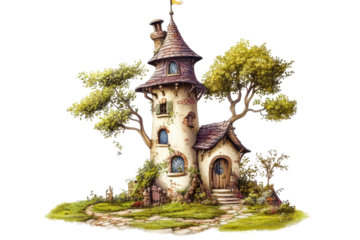 Whimsical tower surrounded by vibrant trees and a delightful garden creates an enchanting scene for anyone passing by on a sunny day