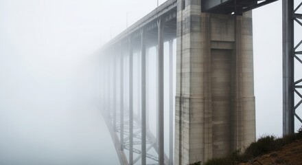 Foggy golden gate bridge tower extending into misty skyline