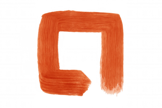 Orange abstract painterly brush stroke creating open square shape with rough texture on transparent background