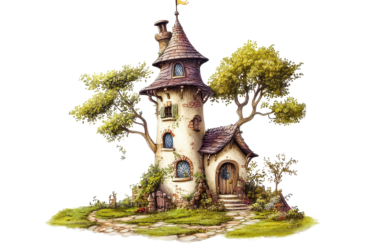 Whimsical tower surrounded by vibrant trees and a delightful garden creates an enchanting scene for anyone passing by on a sunny day