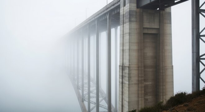 Foggy golden gate bridge tower extending into misty skyline