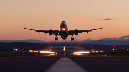 Airplane ascends from runway at twilight, nose up, gear down. Lights blur, blending with soft, pastel sky. Aviation in motion and beauty.