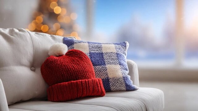 Cozy Winter Scene: A charming red knitted hat with a playful pom-pom rests beside a decorative pillow with a textured pattern, creating a warm and inviting ambiance.
