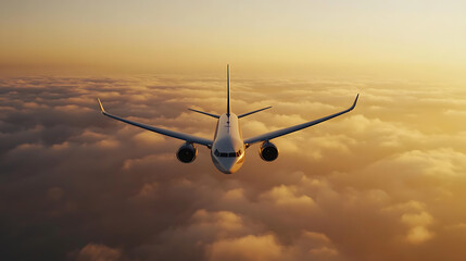 Airplane soars above clouds at sunset, a journey through golden skies, conveying adventure, travel, and breathtaking views.