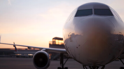 Commercial airplane at dawn, ready for flight, nose view. Airplane against beautiful sky during sunset. Travel and aviation concept