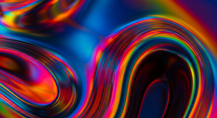 Vibrant, flowing abstract liquid metal curves shimmer with iridescent rainbow colors creating a dynamic, energetic, and modern visual effect perfect for digital art and design backgrounds