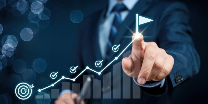 Reaching the Target: A sharp dressed person in business suit touching on growth chart, highlighting the concept of achieving objectives and business progression.