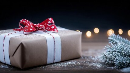 Festive gift box: An elegantly wrapped gift box, adorned with a vibrant red ribbon and delicate snow, rests on a wooden surface, creating a scene of seasonal joy and anticipation. - Powered by Adobe