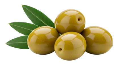 Four glossy green olives, with leaves on a dark background, isolated on white or transparent background, AI
