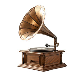 A vintage gramophone with a large horn speaker and a wooden base sitting on a black background studio shot