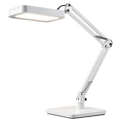 A white adjustable desk lamp with a square base and articulated arm against a black background studio shot