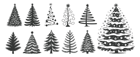 Christmas Tree Vector Set with Hand Drawn Style – Artistic Holiday Illustrations for Winter Greeting Cards, Seasonal Decor, Invitations, and Festive Design Concepts