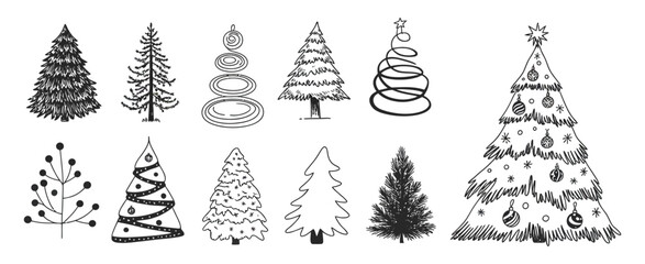 Christmas Tree Vector Set with Hand Drawn Style – Artistic Holiday Illustrations for Winter Greeting Cards, Seasonal Decor, Invitations, and Festive Design Concepts