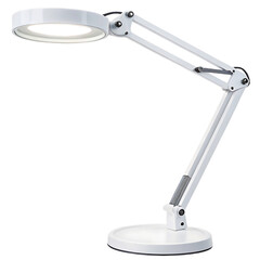 A white adjustable desk lamp with a circular light head and articulated arm on a black background
