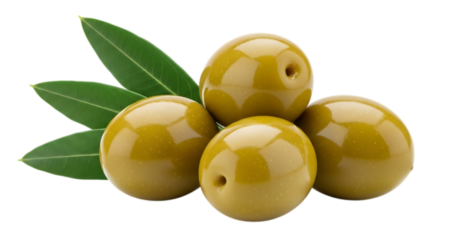 Four glossy green olives, with leaves on a dark background, isolated on white or transparent background, AI