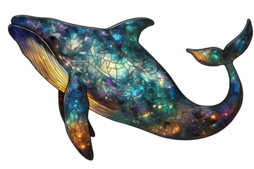Celestial whale swims through the vibrant colors of cosmic twilight showcasing the beauty of the universe and its mysterious creatures