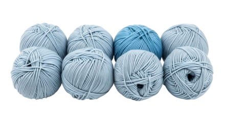Collection of Light Blue and Sky Blue Yarn Balls, Arranged in a Row, isolated on white or transparent background, AI