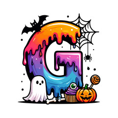 Vibrant Halloween G Alphabet Art with Dripping Paint and Spooky Sweet Treats