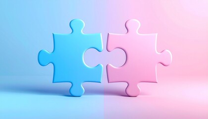 Obraz premium Blue and pink jigsaw puzzle pieces interlocking on gradient background, symbolic of unity and connection.