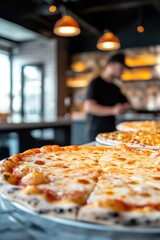 Delicious pizza slices in a cozy restaurant setting with blurred background