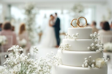 
Wedding cake decorated with gypsophila flowers and wedding rings on the background of the groom and bride's engagement ceremony. Advertising for wedding cakes. Wedding invitation.