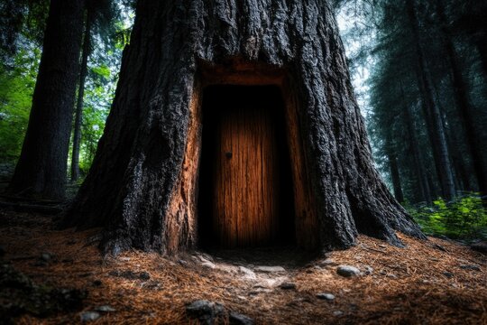 Mysterious wooden doorway hidden within ancient forest tree