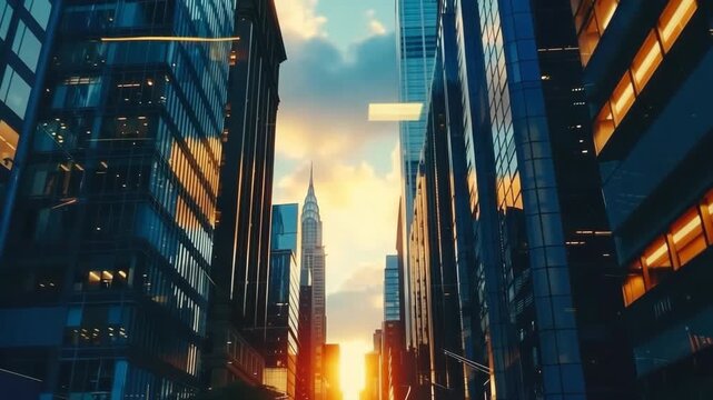 Urban cityscape with tall glass skyscrapers reflecting sunlight. Modern architecture and futuristic skyline. Vdeo for business, real estate, or corporate visuals.