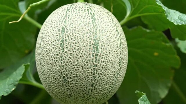 Close-up of a ripe cantaloupe melon growing on the vine, surrounded by green leaves.