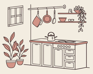 Bohemian kitchen vector sketch, isometric line art illustration of a modern minimalist interior. Features cabinets, a sink, and houseplants, with a glass door, for a cozy home design and decor theme.