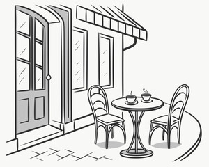 Outdoor table and two chairs of a cafe, outline in line art style, monochromatic drawing of a summer veranda. Black and white sketch of a coffee shop with cups and a city street.