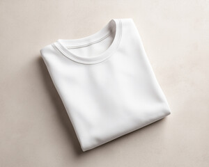 White t-shirt mockup neatly folded on beige background