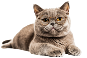 British shorthair cat with glasses smiles while lounging in a cozy indoor space during a sunny afternoon