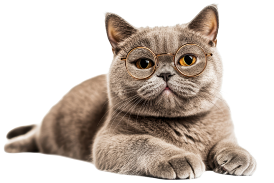 British shorthair cat with glasses smiles while lounging in a cozy indoor space during a sunny afternoon