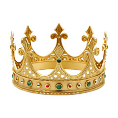 A detailed close up of a golden crown with green and red jewels on a black isolated background