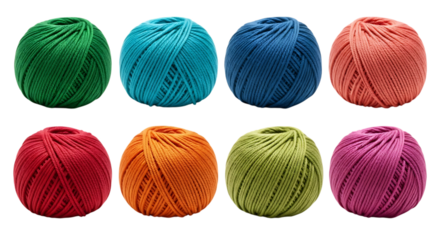 Eight colorful balls of yarn, arranged in two rows, isolated on white or transparent background, AI