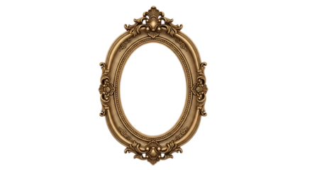 Ornate oval antique gold picture frame, with decorative floral elements, isolated on white or transparent background, AI