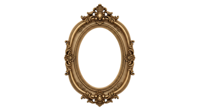 Ornate oval antique gold picture frame, with decorative floral elements, isolated on white or transparent background, AI
