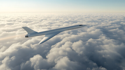 Obraz premium Supersonic Jet Over Clouds: A sleek, white jet soars above a sea of fluffy clouds under a bright sky, illustrating advanced aviation.