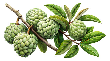 Fototapeta premium Beautiful and Detailed Depiction of Sugar Apples on a Branch with Leaves